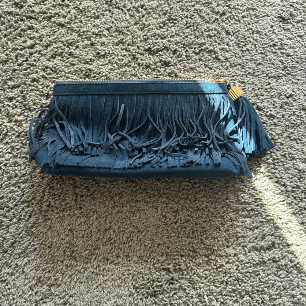India Hicks fringe tassle clutch color: teal with gold detail